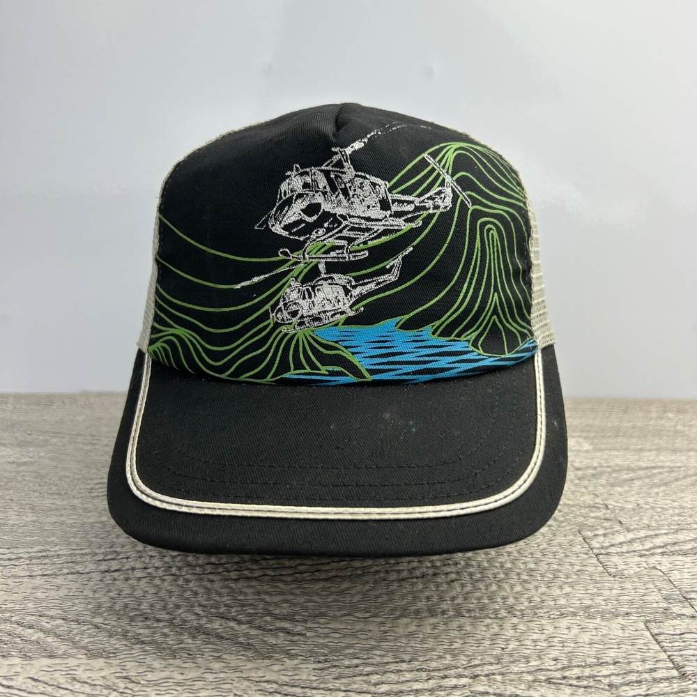 Vintage 90s Helicopter Trucker Hat Cap Snap Back Adjustable Black Mesh Back USA